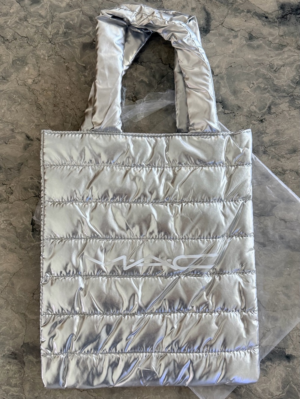 MAC Cosmetics Silver Quilted Puffer Tote
